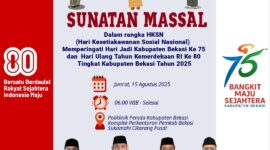 Dalam rangka memeriahkan Hari Ulang Tahun Kabupaten Bekasi ke-75 dan Hari Kemerdekaan Republik Indonesia ke-80, Dinas Sosial Kabupaten Bekasi menggelar kegiatan sunat massal sebagai bagian dari rangkaian kegiatan sosial menyambut hari bersejarah tersebut.
