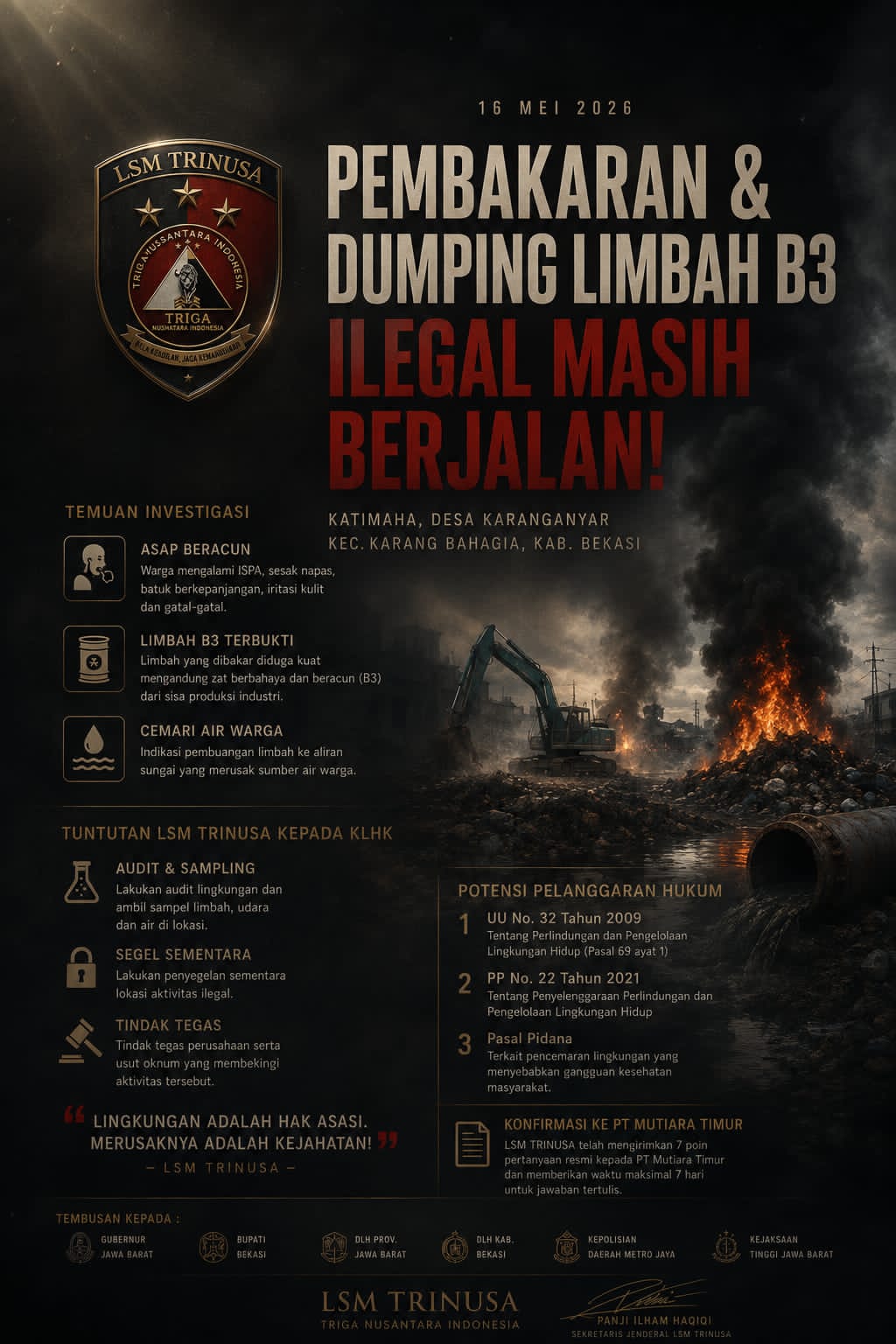 Bekasi Darurat Limbah B3? TRINUSA Temukan Bukti Pembakaran dan Pembuangan Ilegal